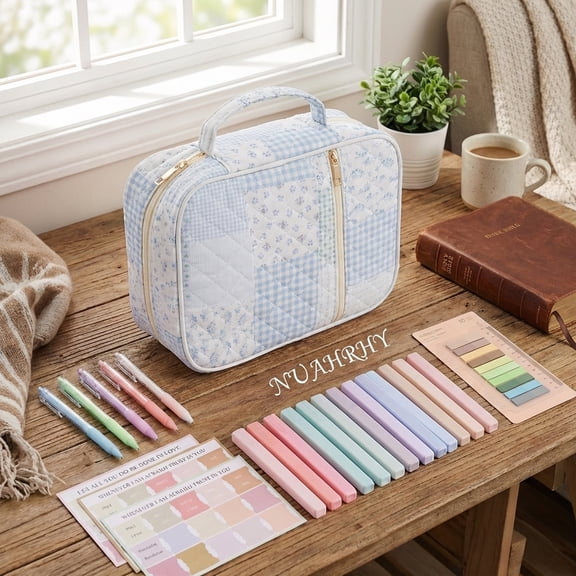 NUAHRHY Bible Cover Case for Women, Large Quilted Bible Carrying Case with Durable Handle, Bible Study Supplies Kit with 5 Ballpoint Pens, 12 Bible Highlighters&75 Bookmarks and 200 Labels