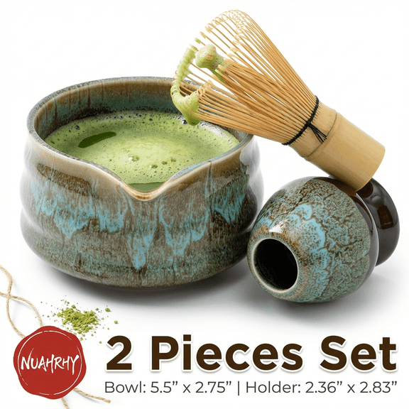 NUAHRHY Ceramic Matcha Bowl and Whisk Set, 18oz Matcha Kit, Sturdy Elegant Easy to Clean Matcha Mixing Bowl Kit Heat Resistant Japanese Tea Kit for Present No agitator