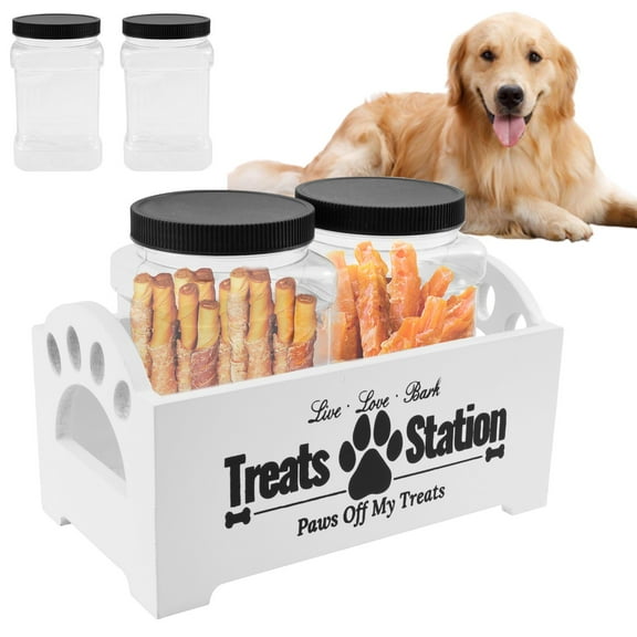 NUAHRHY Wood Cat Dog Food Treat Storage Container Organizer with 2 Plastic Dog Treat Containers Jars Reusable Decorative Holder 9.06x5.12x4.92" White