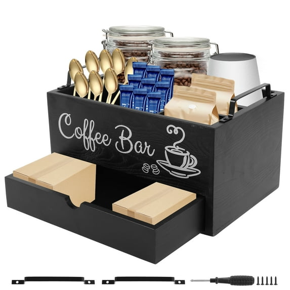 NUAHRHY Double Layer Coffee Bar Organizer Station with Drawer and Metal Handles Wood Coffee Station Organizer Versatile Coffee Bar Organizer for Cups Coffee Pods Sugar