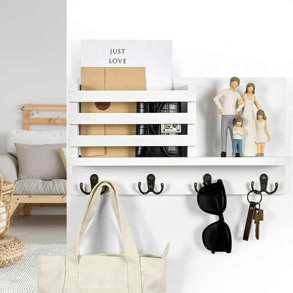 NUAHRHY Key Holder for Wall with Shelf Rustic Mail Organizer Wall Mount Wooden Entryway Hanging Mail Organizer with Key Hooks and Mail Holder 4 Double-Hook Hangers for Hallway Farmhouse Decor
