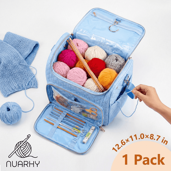 NUAHRHY Large Knitting Bag Crochet Bag Organizer Waterproof Oxford Yarn Storage Tote for Knitting Needles and Hooks Blue