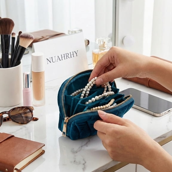 NUAHRHY Mini Travel Jewelry Case with Zipper, 5-Layer Small Velvet Organizer Pouch, Jewelry Organizer Storage Bag for Bangle Bracelet Rings Earrings