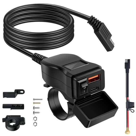 NUAHRHY Motorcycle USB Charger Waterproof SAE to USB Motorcycle Charger Double USB Type C PD and Quick Charge 3.0 Motorcycle Phone Charger Handlebar Mount with Voltmeter and ON/Off Switch for Phone