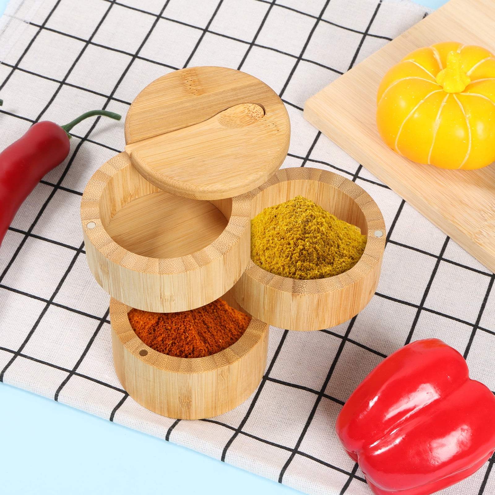 NUAHRHY Salt Cellar with Lid and Spoon 3 Tier Bamboo Salt Box