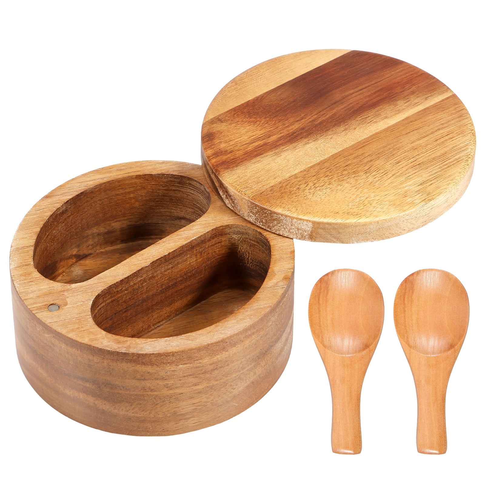 UKQRRTC Acacia Wood Salt And Pepper Box - 2 Compartments With Rotating Magnetic Lid & Spoons, Spice Organizer For Kitchen - View #10
