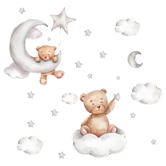 NUAHRHY Set of 2 Cute Teddy Bear Moon and Stars Wall Stickers 45x30CM PVC Cartoon Wall Decals Home Interior Wall Art Decoration for Kids Room Baby Room Nursery