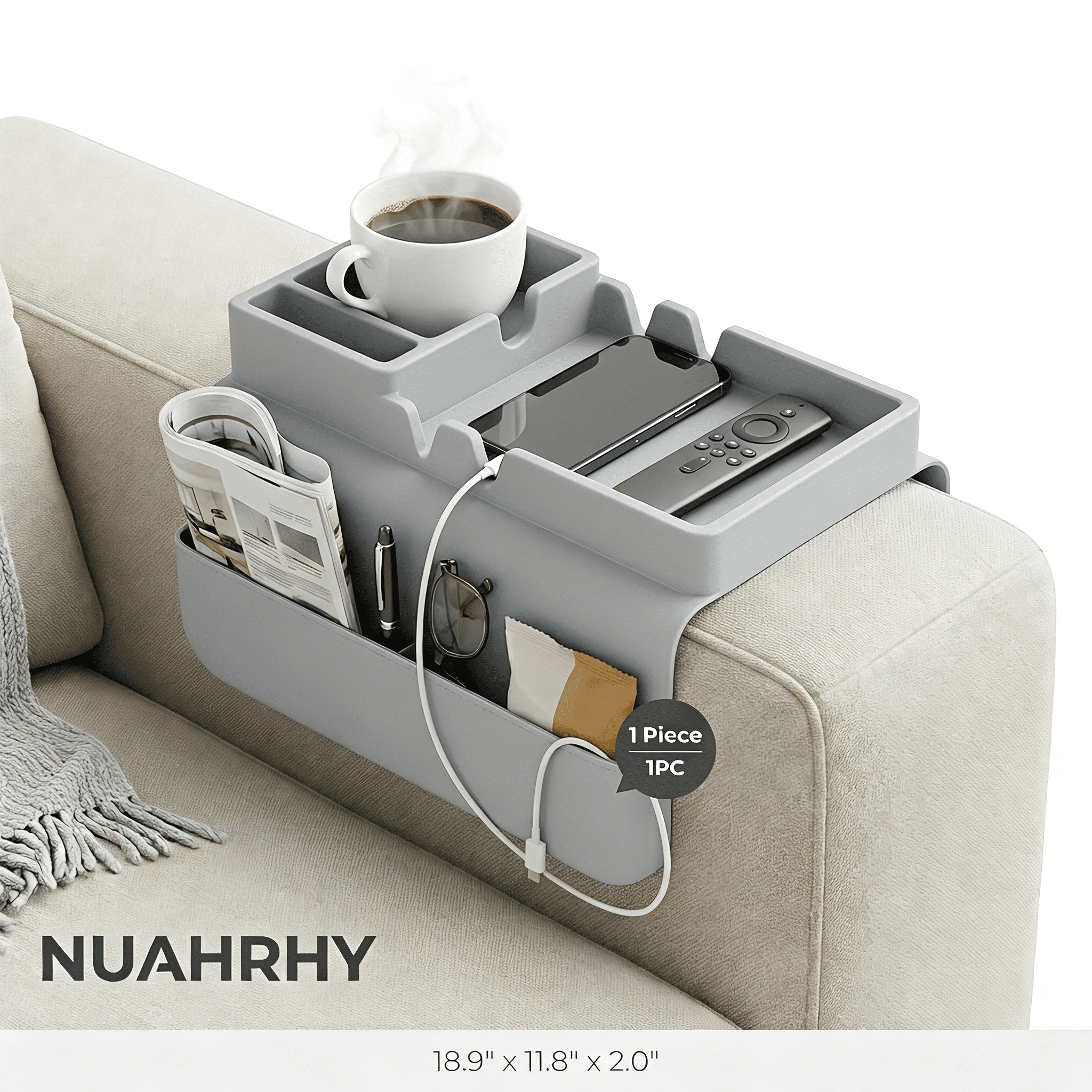 NUAHRHY Couch Cup Holder, Couch Arm Tray, Silicone Sofa Armrest Tray with Dual Side Pocket, Anti-Spill Chair Recliner Organizer for Cellphone Remote Control Snacks iPad