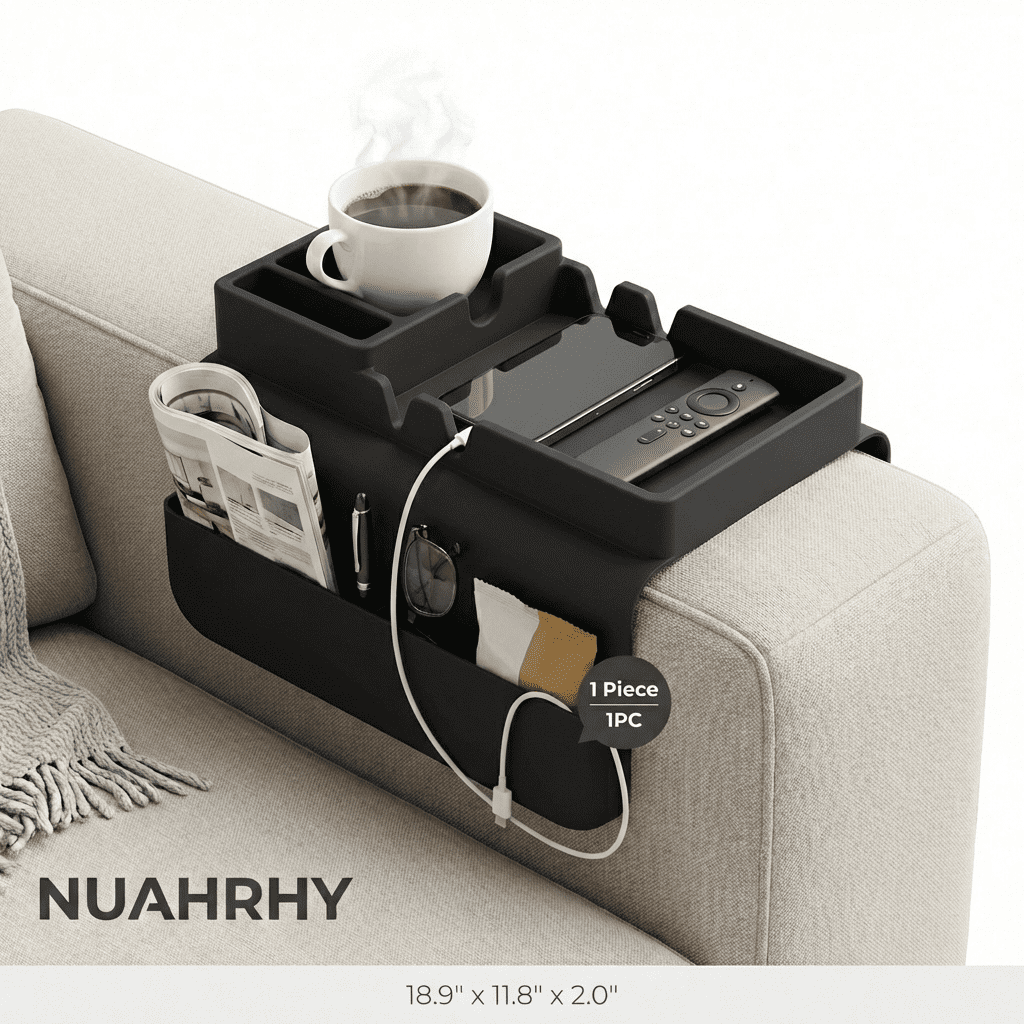NUAHRHY Couch Cup Holder, Couch Arm Tray, Silicone Sofa Armrest Tray with Dual-Side Pocket, Anti-Spill Chair Recliner Organizer for Cellphone Remote Control Snacks iPad