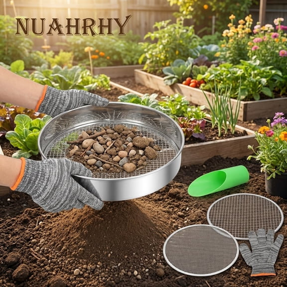 NUAHRHY Soil Sieve Set, Soil Sifter with Gloves, Stainless Steel Compost Sifter with 3,6,9mm Filter Mesh, Hand Held Garden Dirt Sifter with Sifting Screen, Mesh Sifter for Worm Leaves Rock