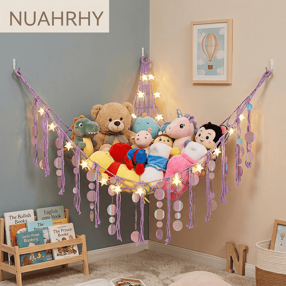 Boho Stuffed Animal Storage Net, Corner Toy Hammock for Kids Room, Jumbo Plush Toy Organizer, Wall Hanging Decor for Playroom and Nursery ( Purple with Light )
