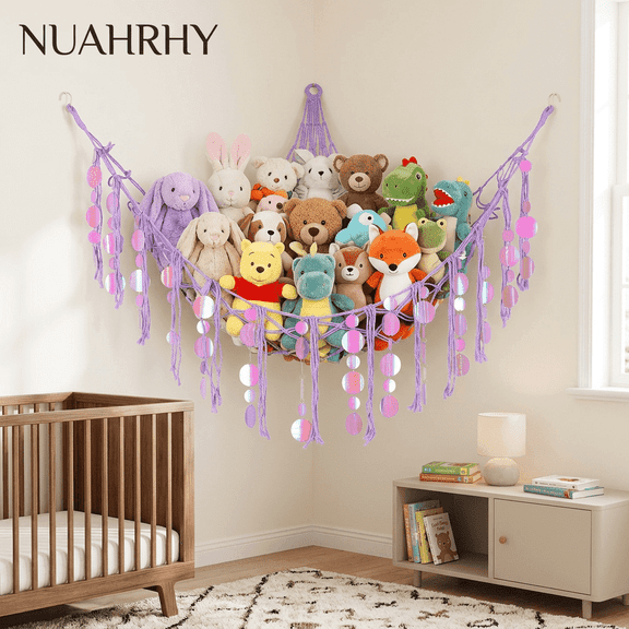 Boho Stuffed Animal Storage Net, Corner Toy Hammock for Kids Room, Jumbo Plush Toy Organizer, Wall Hanging Decor for Playroom and Nursery ( Purple without Light )