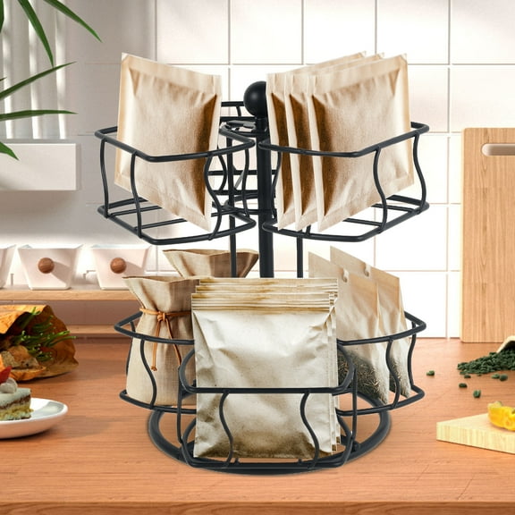 NUAHRHY Tea Bag Organizer 360 Degree Rotating Tea Bag Organizer with 6 Compartments 2 Tier Metal Tea Bag Storage Rack Organize 60 Tea Bags Versatile Tea Bag Carousel for Kitchen Office