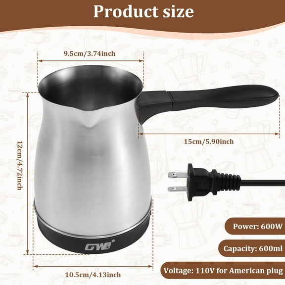 NUAHRHY Turkish Coffee Maker 600ml Stainless Steel Electric Turkish Coffee Machine 5 to 6 Cups Capacity Turkish Coffee Machine with Ergonomic Handle Enduring 110V Turkish Coffee Maker for Home Travel