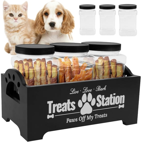 NUAHRHY Wood Cat Dog Food Treat Storage Container Station with 3 Plastic Dog Treat Containers Jars Reusable Holder Box Size 11.41x5.12x5.12" Black