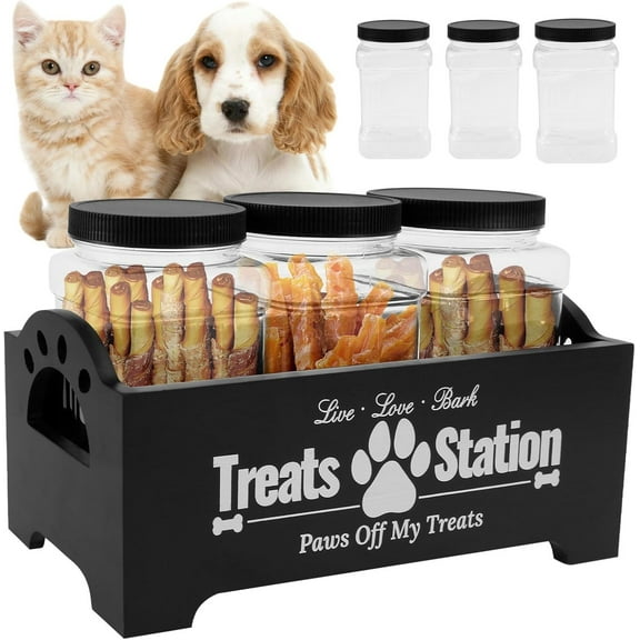 NUAHRHY Wood Cat Dog Food Treat Storage Container Station with 3 Plastic Dog Treat Containers Jars Reusable Holder Box Size 11.41x5.12x5.12" Black