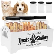 NUAHRHY Wood Cat Dog Food Treat Storage Container Station with 3 Plastic Dog Treat Containers Jars Reusable Holder Box Size 11.41x5.12x5.12" White