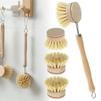 NUAHRHY Wooden Kitchen Dish Brush Set Long Handle Pan Brush with 4 Replacement Brush Heads Household Kitchen Room Cleaning Supplies for Pans Pots Bowl Kitchen Sink Cleaning