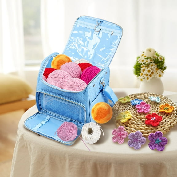 NUAHRHY Yarn Bag Waterproof Oxford Cloth Knitting Organiser Multipurpose Crochet Tote Bag with Multi Pocket Portable Organizer for Yarn Crochet Hook Knitting Needle Other Accessories Blue