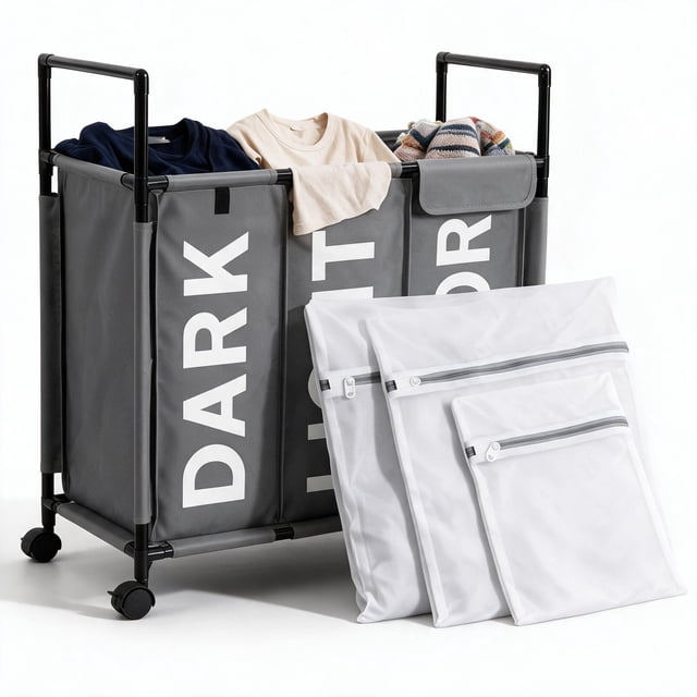 NUBILY 150L 3-Section Rolling Laundry Hamper with Wheels, Lids & 3 Mesh ...