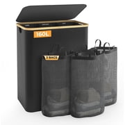 NUBILY 160L Extra Large 3-Section Laundry Hamper with Lid, Bamboo Frame Oxford Fabric Divided Laundry Basket for Bedroom, AdultBlack