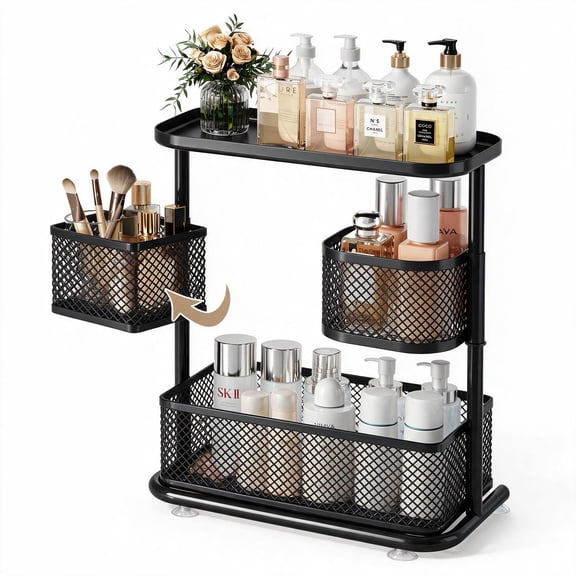 NUBILY 3-Tier Rotating Bathroom Counter Organizer, Metal Countertop Storage Shelf, Cosmetic Holder for Skincare & Makeup, Kitchen Spice Rack, Black