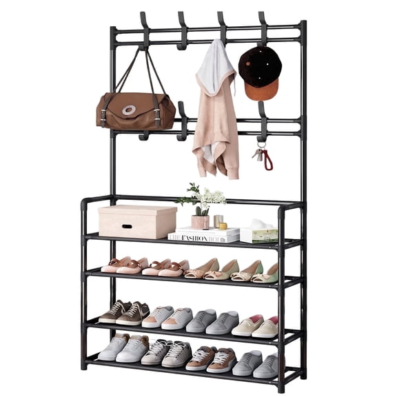 NUBILY 4 Tier Coat Rack Shoe Rack With Storage Shelf Freestanding with 8 Removable Hooks for Entryway Bedroom Closet Modern Industrial Style Coat Tree,Black
