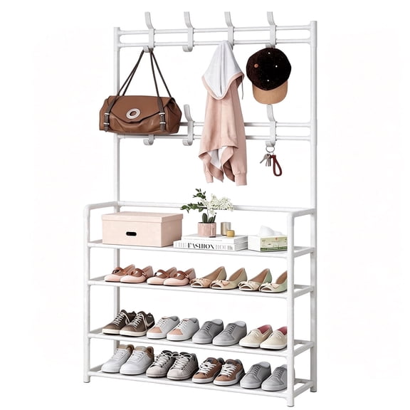 NUBILY 4 Tier Coat Rack with Shoe Storage Shelf Freestanding with 8 Removable Hooks for Entryway Bedroom Closet Modern Style Coat Tree,White