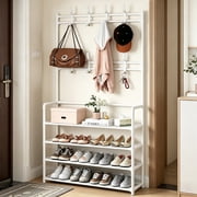 NUBILY 4 Tier Coat Rack with Shoe Storage Shelf Freestanding with 8 Removable Hooks for Entryway Bedroom Closet Modern Style Coat Tree,White
