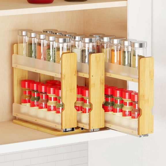 NUBILY Bamboo Pull Out Spice Rack Organizer for Cabinet, Heavy Duty Slide Out Seasoning Kitchen Pantry Sliding Vertical Organization, 7.6" Wide, 3 Drawers(2" Wide), 2-Tier, Natural