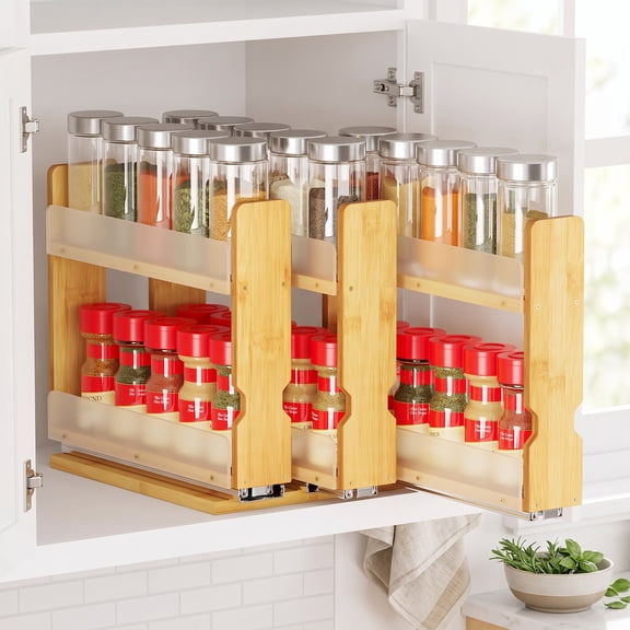 NUBILY Bamboo Pull Out Spice Rack Organizer for Cabinet, Heavy Duty Slide Out Seasoning Kitchen Pantry Sliding Vertical Organization, 7.6" Wide, 3 Drawers(2" Wide), 2-Tier, Natural