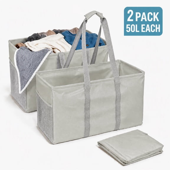 NUBILY Collapsible Laundry Tote 2-Pack (50L) – Foldable Carry-All Storage Bin for Laundry, Car Trunk, RV, Dorm & Home Organization - Light Grey