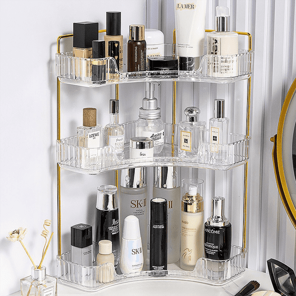NUBILY Corner Bathroom Counter Organizer, Bathroom Countertop Shelf Makeup Storage, Clear Perfume Tray Holder (3 Tiers, White)