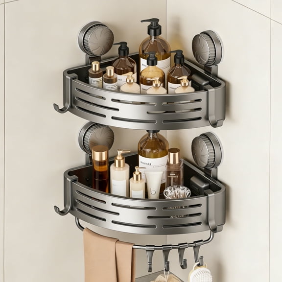 NUBILY Corner Shower Caddy Suction Cup Shower Shelf Corner No Drilling Bathroom Shower Organizer Storage Rack Adhesive with Towel Bar Hooks (2-Pack ABS, Grey)