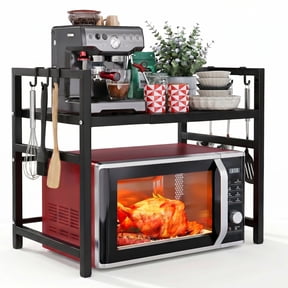 NUBILY Expandable Microwave Stand-2 Tier Metal Kitchen Countertop Organizer with 6 Hooks,Bakers Rack,Microwave Oven Rack,55lbs Weight Capacity,Black