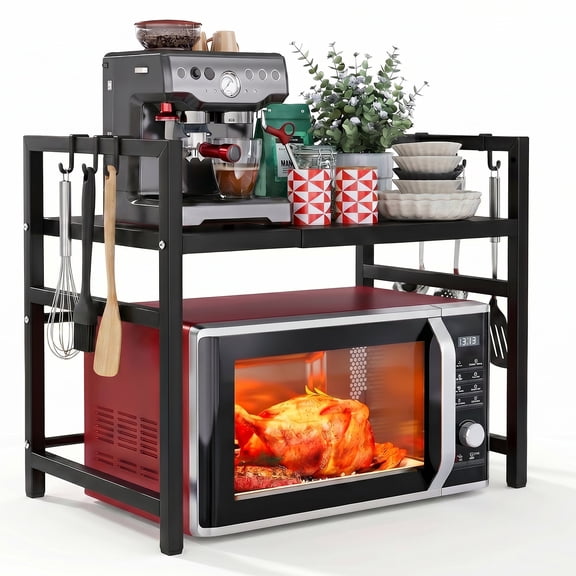 NUBILY Expandable Microwave Stand-2 Tier Metal Kitchen Countertop Organizer with 6 Hooks,Bakers Rack,Microwave Oven Rack,55lbs Weight Capacity,Black