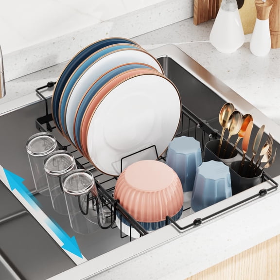 NUBILY Expandable in Sink Dish Drying Rack with Cup Holder - Rust Resistant Adjustable Over The Sink Dish Drainer with Tightening Knob, Arms with Non Slip Rubber, Fits Sink 12.4"-17.1", Black