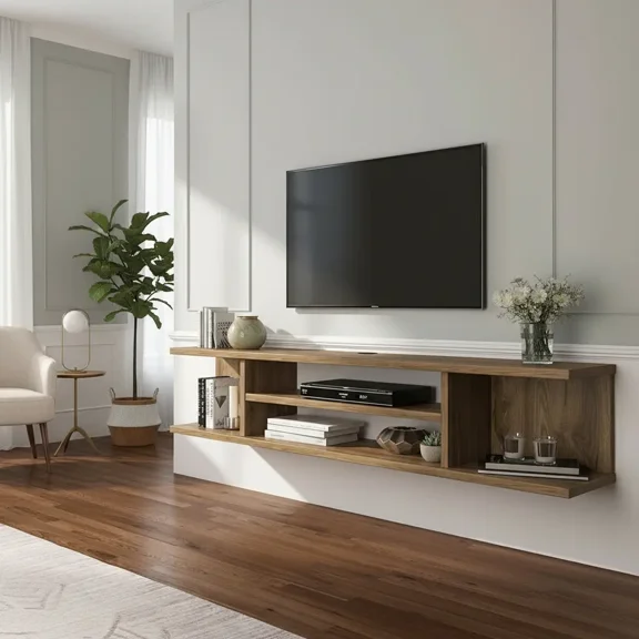 NUBILY Floating TV Stand, Wall-Mounted Entertainment Console with Storage, Wood Farmhouse Shelf for Under TV, 4 Shelves Living Room Bedroom Brown