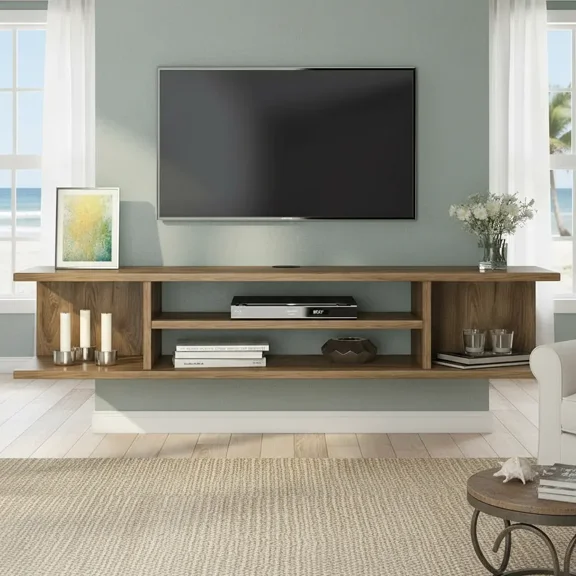 NUBILY Floating TV Stand, Wall-Mounted Entertainment Console with Storage, Wood Farmhouse Shelf for Under TV, 4 Shelves Living Room Bedroom Brown