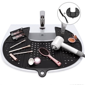 NUBILY Foldable Silicone Makeup Mat for Bathroom Sink Cover with Cleaning Brush - Counter Space Organizer, Non-Slip RV & Vanity Space Saver, 19.75" x 15", Black
