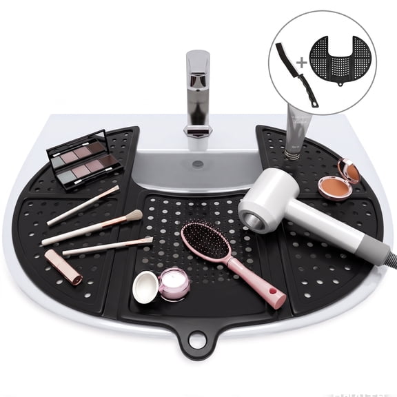 NUBILY Foldable Silicone Makeup Mat with Cleaning Brush ,19.75"x15" Sink Cover for Bathroom Vanity , Non-Slip Space Saver for RV & Small Spaces, Black