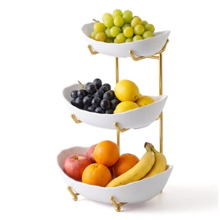 NUBILY Fruit Bowl for Kitchen Counter - 3 Tier Fruit Rack, Fruit Basket for Fresh Fruit&Veggies, Tiered Fruit Platter Serving Trays for Party, White Bowl Golden Rack