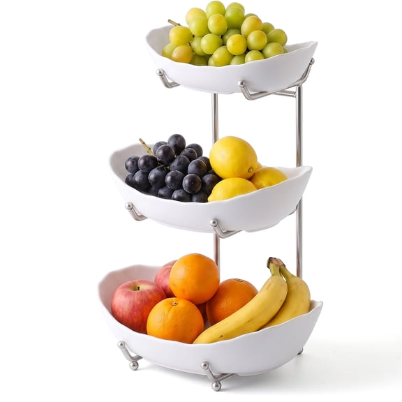 NUBILY Fruit Bowl for Kitchen Counter - 3 Tier Fruit Rack, Fruit Basket for Fresh Fruit&Veggies, Tiered Fruit Platter Serving Trays for Party, White Bowl Silver Rack