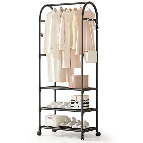 NUBILY Rolling Clothes Rack with Wheels Freestanding Garment Rack for Hanging Clothes, Small Clothing Rack with 3 Metal Shelves for Bedroom Laundry Living Room, Black