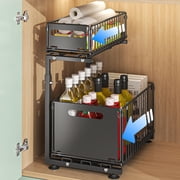 NUBILY Under Sink Organizer, 2-Tier Multi-Use Kitchen and Bathroom Organizers and Storage, Slide Out Thickened Metal Under The Sink Organizer for Kitchen Bathroom Pantry Black, 1 Pack