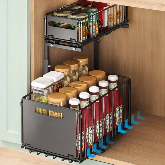 NUBILY Under Sink Organizer, 2-Tier Multi-Use Kitchen and Bathroom Organizers and Storage, Slide Out Thickened Metal Under The Sink Organizer for Kitchen Bathroom Pantry (Black, 1 Pack)