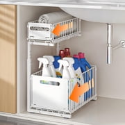 NUBILY Under Sink Organizer, 2-Tier Multi-Use Kitchen and Bathroom Organizers and Storage, Slide Out Thickened Metal Under The Sink Organizer for Kitchen Bathroom Pantry White, 1 Pack