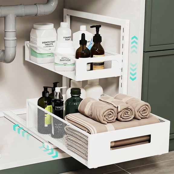 NUBILY Adjustable Height Under Sink Organizer 2-Tier Pull Out Cabinet Organizer, Space Saving Storage Rack for Bathroom Kitchen, White, 1 Pack