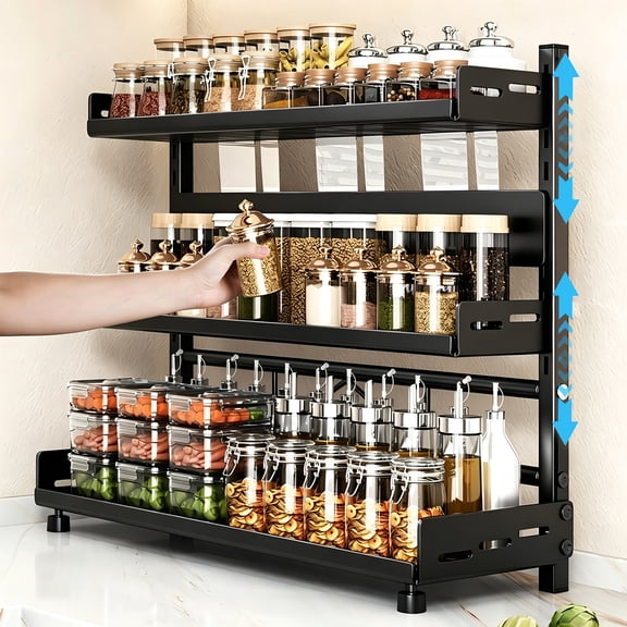 NUBILY 3-Tier Height-Adjustable Spice Rack – Metal Kitchen Countertop Organizer for Cabinet & Pantry, Black