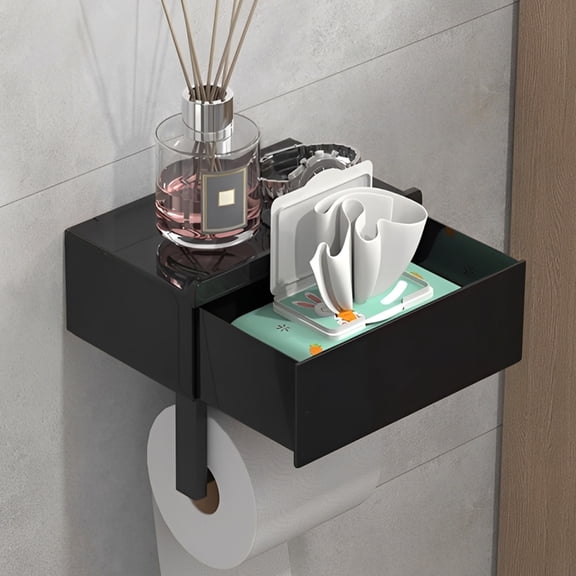 NUBILY Modern Black Toilet Paper Holder with Shelf, Adhesive Wall Mount, Flushable Wipes Dispenser, Storage Drawer for Bathroom, Small
